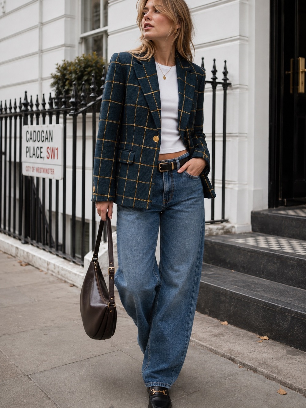 Vintage 80’s Kasper Navy Windowpane Plaid Blazer with Gold Coin Buttons